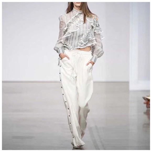 Blue Stripe Sheer Ruffle Runway Top - Picture 2 of 8